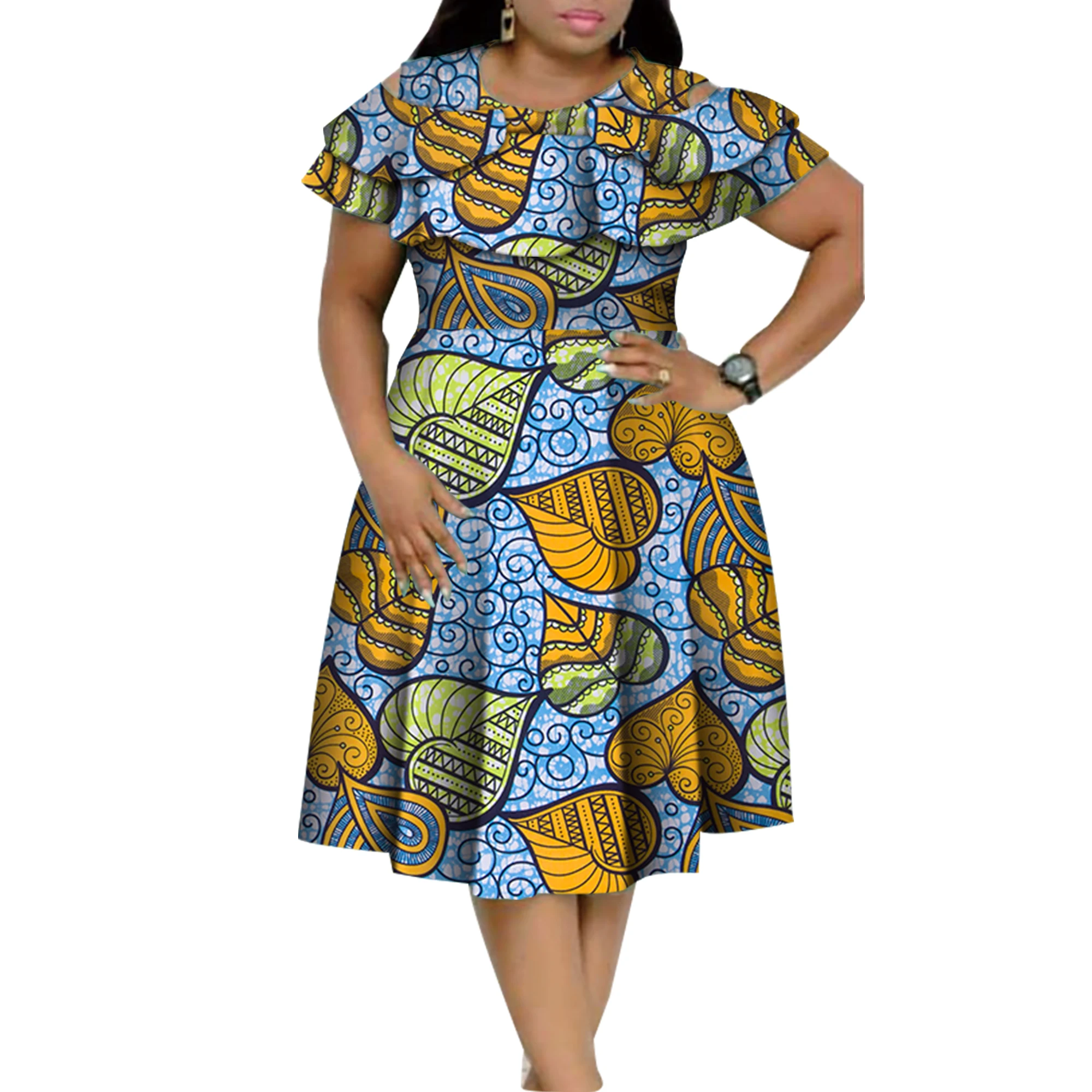Nuevos Vestidos africanos Bazin Riche con cuello de volantes para mujer, Vestidos Dashiki con estampado de perlas, Vestidos para mujer, ropa africana WY4401