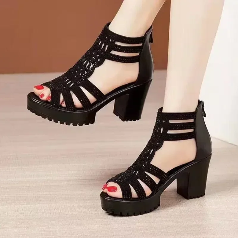

High Heels Sandals Woman Gladiator Open Head Sexy Black Rivet Block Heel Platform Shoes Summer Back Zip Size 35-40 Women Sandals