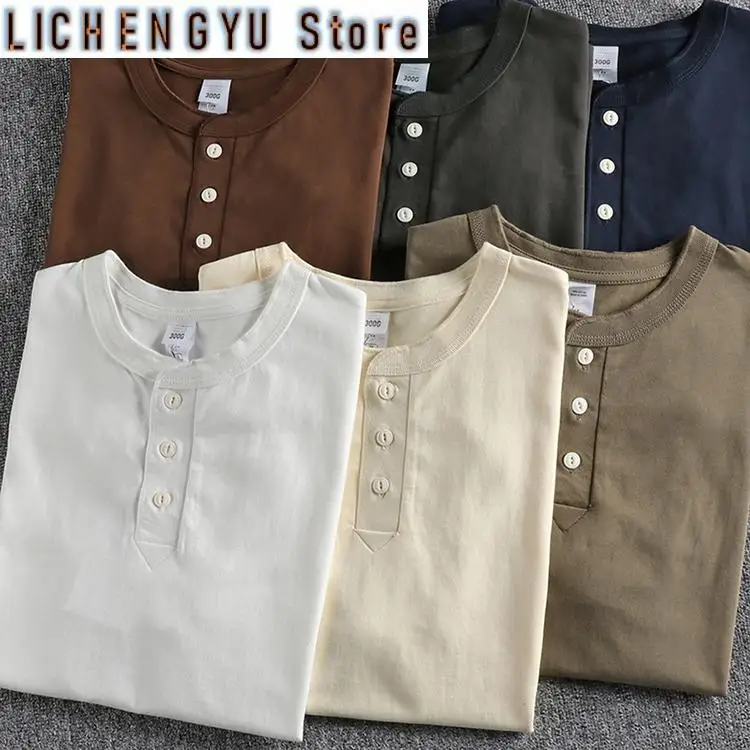 Summer New American Retro Tough Guy Henry Collar T-shirt Men's Simple 100% Cotton Washed Short Sleeve Casual Loose Tops