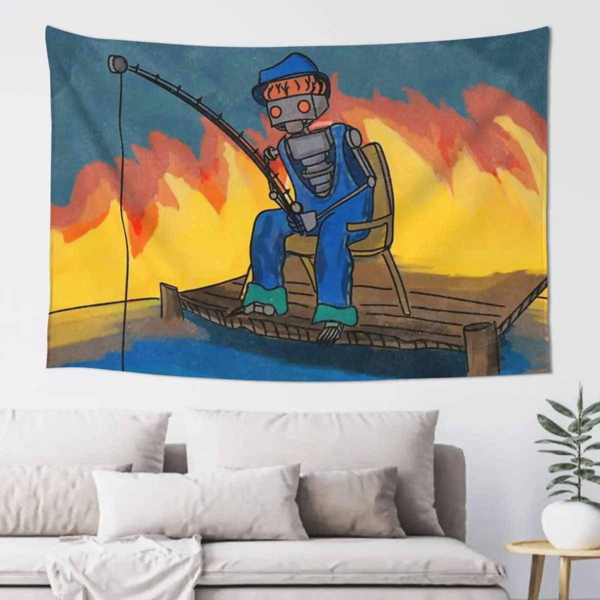 Fishing for Fishies Tapestry Cute Decor Art Mural Aesthetic Room Decorations Tapestry