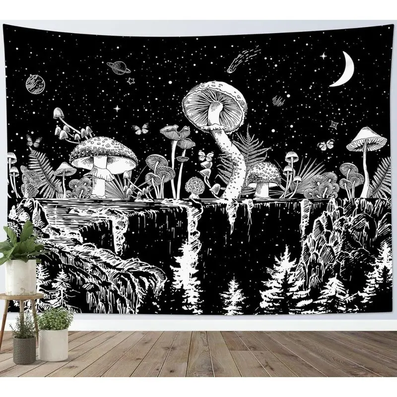 VIKAMA Trippy Black White Starry Sky Mushroom Psychedelic Tapestry, Mind-Bending Wall Hanging for Bedroom Living Room Dorm