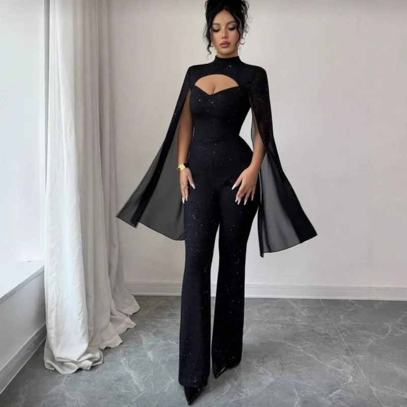 Women's Fashion Sexy Jumpsuit Spring Autumn New V-neck Shiny Lantern Sleeves Slightly Spicy Slim Fit Jumpsuit With Women Clothes