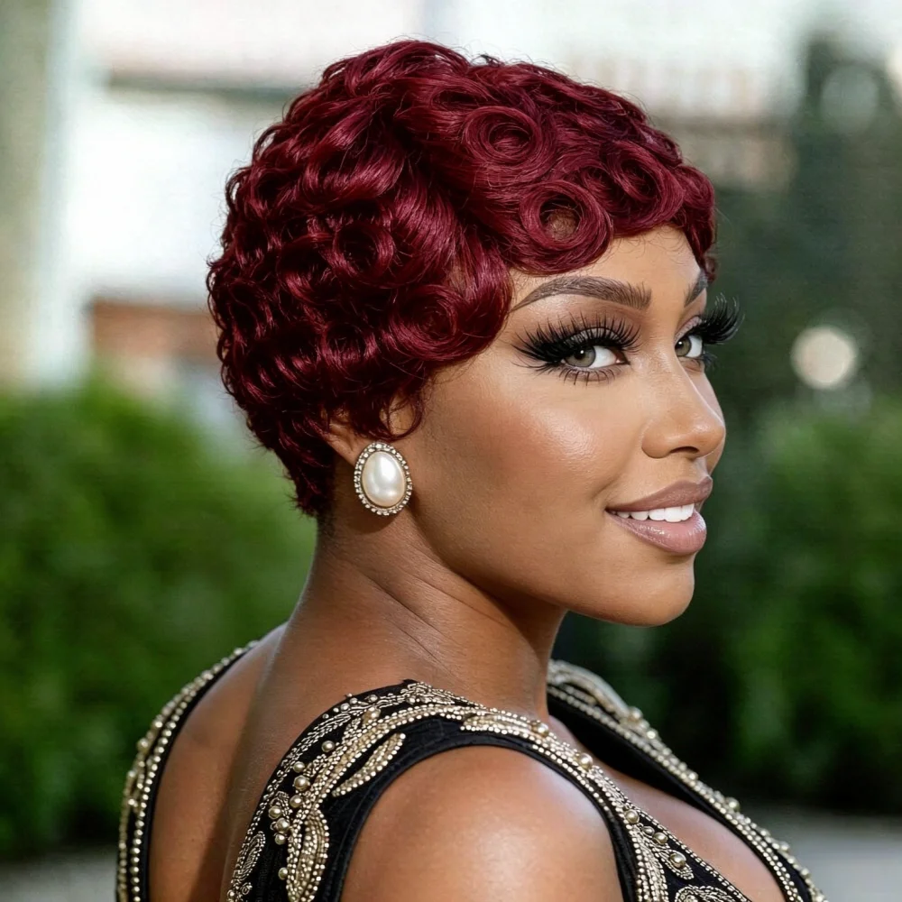 Full Machine Made Short Finger Roll Pixie Wig, Human Hair Tiny Curly Short Wigs for Women, Natural Looking Vintage Curl Wig