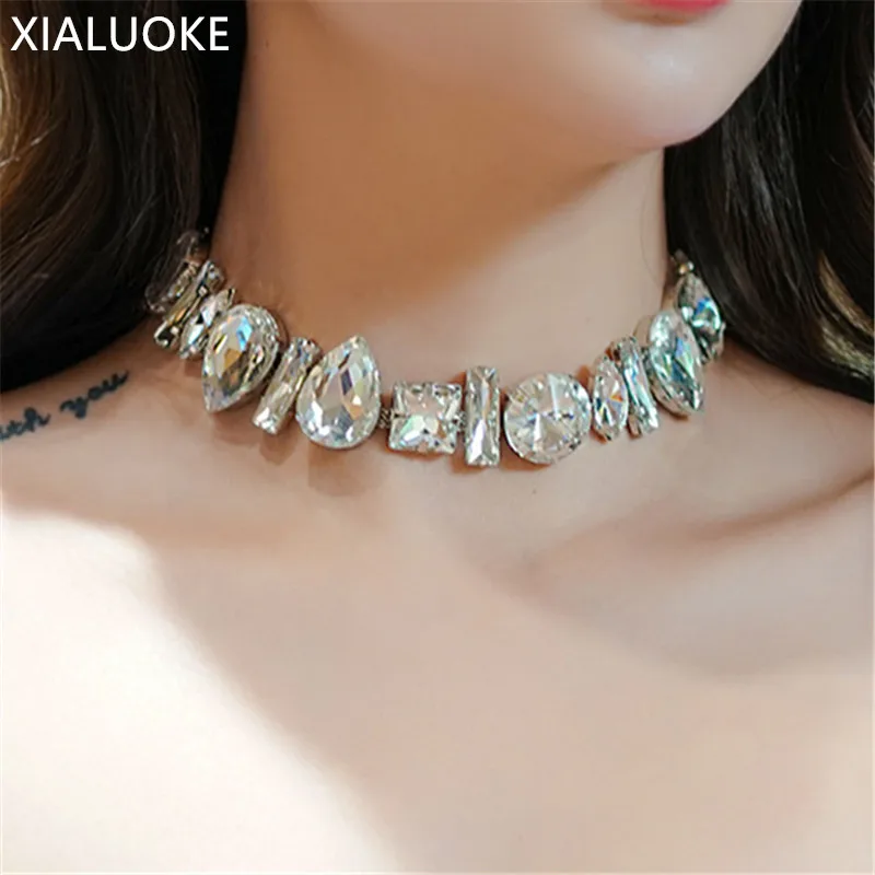 XIALUOKE Vintage Geometric Crystal Choker Necklaces For Women Water Drop Clavicle Chain Necklaces Statements Jewelry Gifts