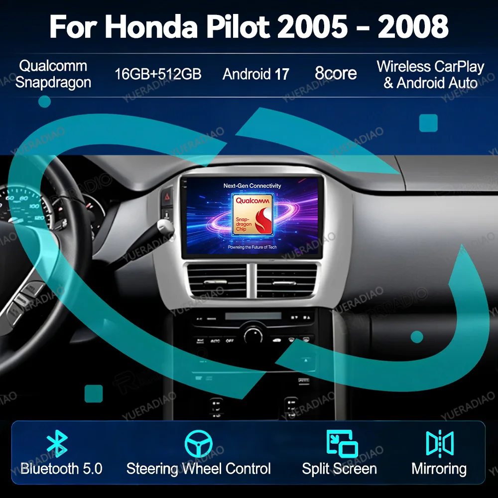 Android 17 Car Radio For Honda Pilot 1 2005 - 2008 Double Din Carplay & Android Auto Bluetooth Car Radios 4G LTE 5G WIFI SWC FM