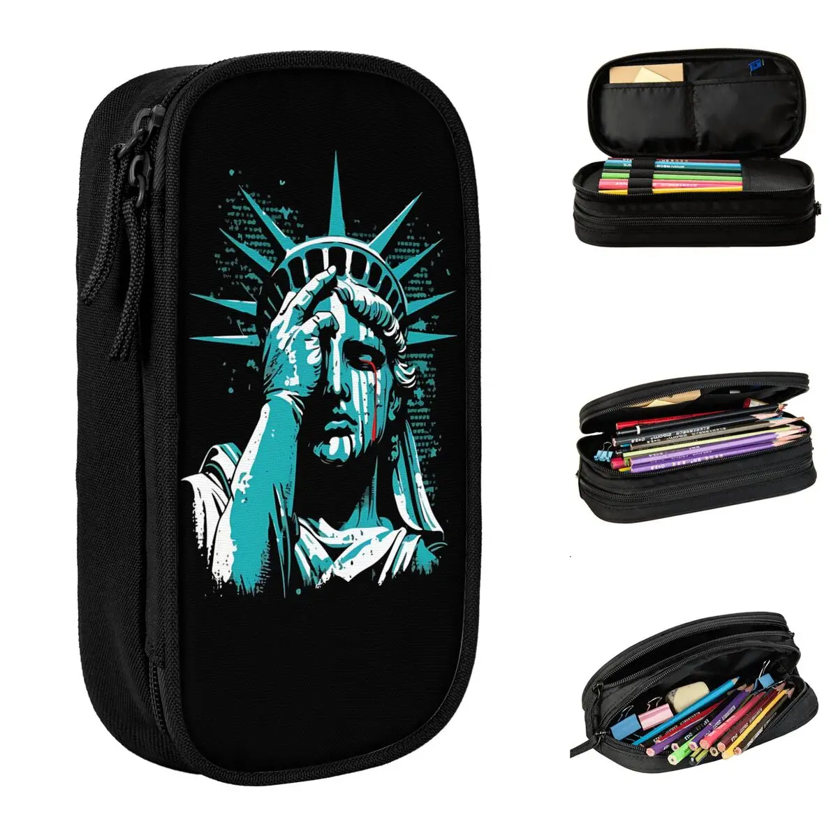 

Blood Crying Statue Of Liberty Pencil Case Pencilcases Pen for Student Large Storage Bags Office Zipper Stationery