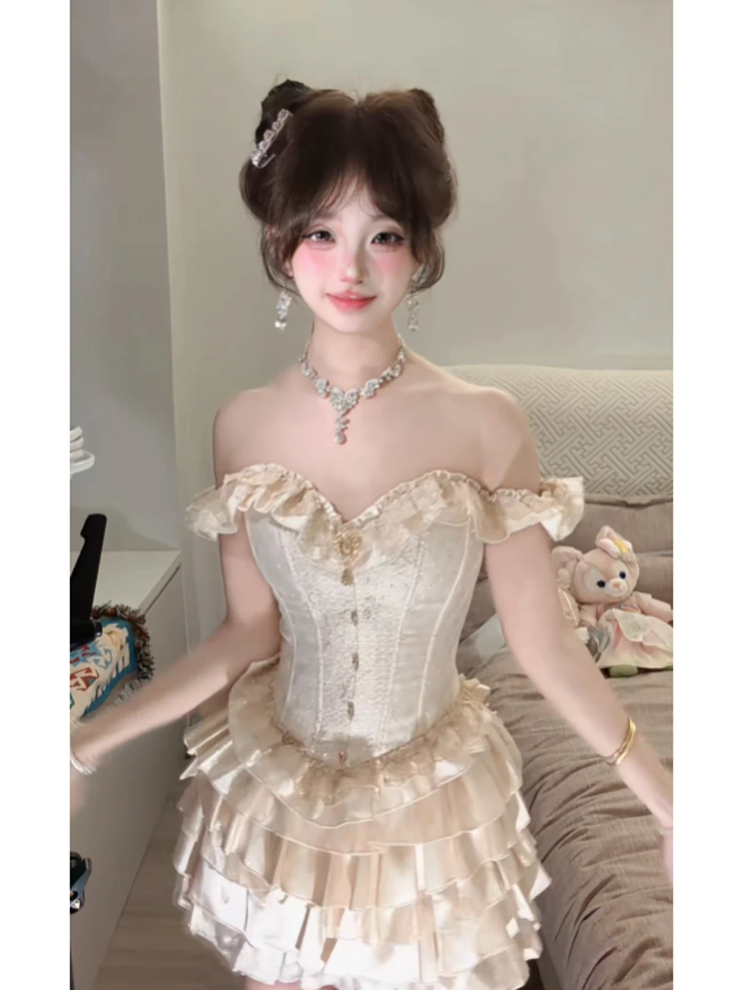 

Unique Shoulder Bared Top And Puffy Skirt Two Piece Set Anti Aging Summer Fashion Comfortable Cotton High Waist Casual Wear