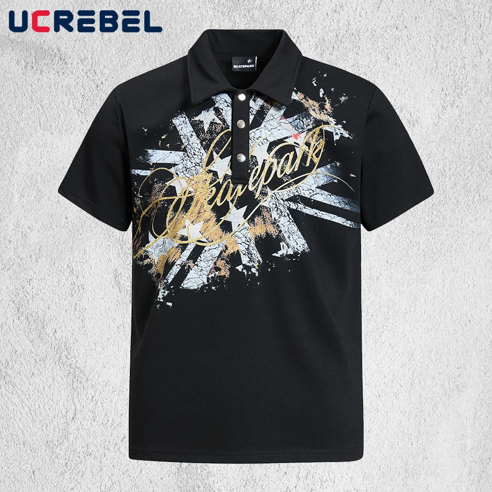 

Retro Distressed Print Short Sleeve Polo Shirts Mens Summer Retro High Street Loose Cotton Tee Man Tops