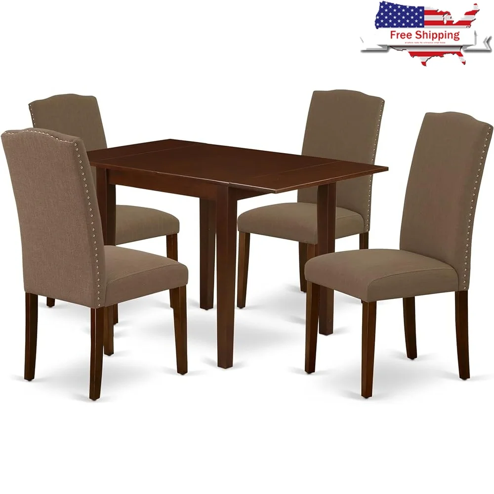 

5 Piece Dining Table Set Rectangle Table with Dropleaf 4 Comfortable Chairs Linen Fabric Kitchen Furniture High Quality Solid