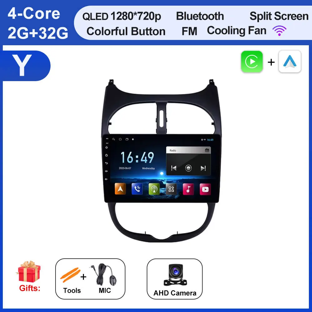 Autoradio Voor Peugeot 206 206SW 206CC 2000-2008 Android 16 Carplay Multimidia Video Player Draadloze Carplay Auto gereedschap Fan