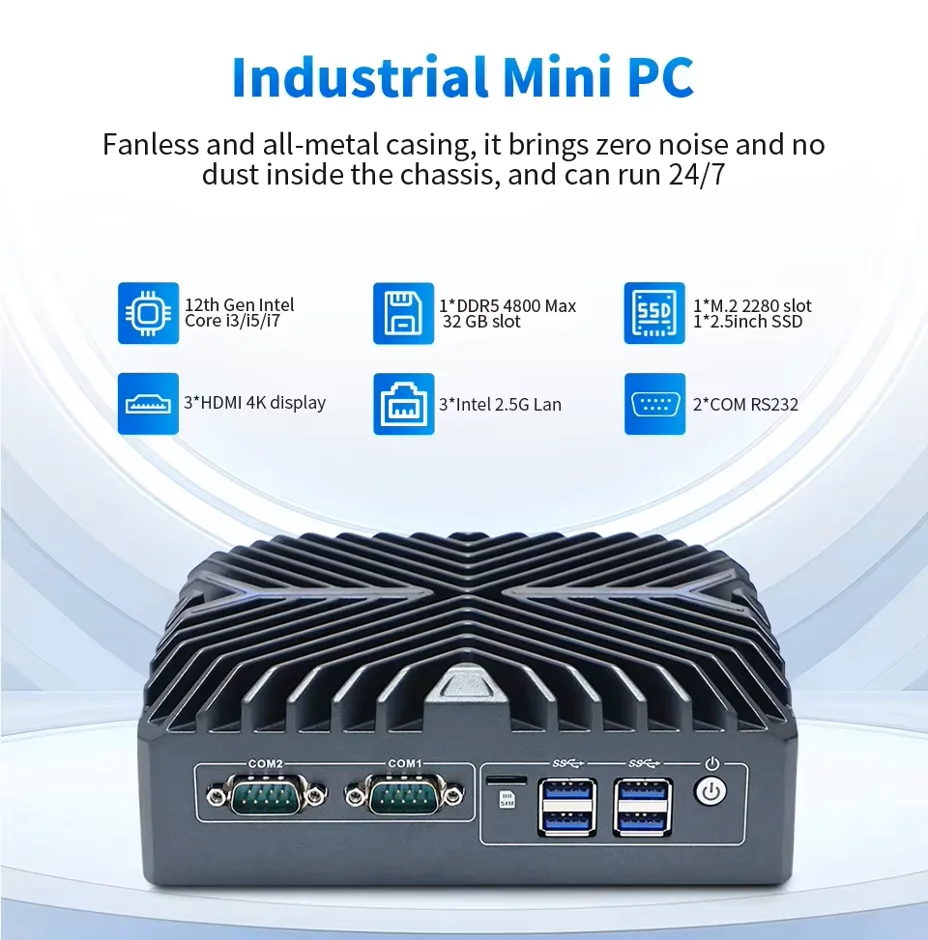 Topton Industrial IoT Firewall Mini PC Intel Ultra 5 125U I7 1255U I3 1215U 3Ports 2.5G LAN HDMI2.0 COM RS232 Fanless Device