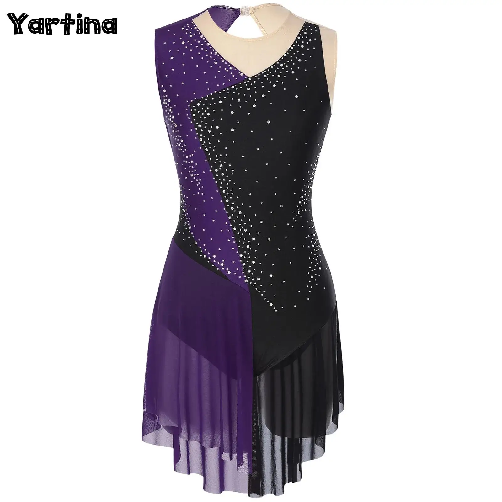 Womens Gymnastics Figure Skating Ballet Jersey Lyrical Dance Dress Costume Sparkly Rhinestones Bodysuit Mesh Skirted Unitard