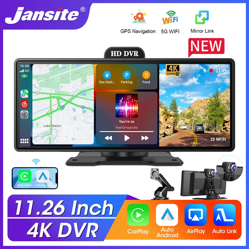 11.26 Inch 4K DVR Wireless CarPlay & Android Auto Dash Cam Bluetooth Audio GPS Navigation Dashboard Dual Lens Video Recorder