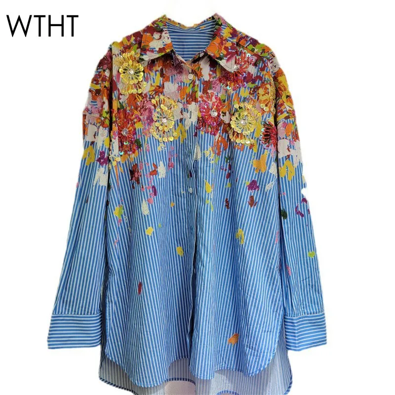 

WTHT Trendy Women's Spliced Colorful Print Nail Beading Design Striped Shirts 2024 Winter New Long Sleeves Blouse Female 1LS420