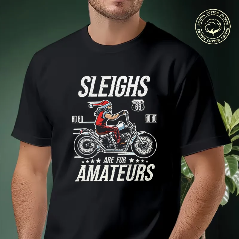 

Santa On Motorcycle Sleighs Men's Moto T Shirt Casual Dress High Quality Mens Cotton Round Neck Short Sleeved T-shirt