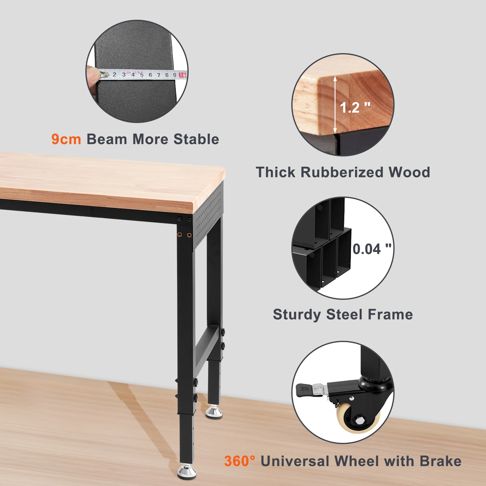 VEVOR-Établi réglable avec roues universelles, table de travail de garage, prises de courant, dessus en bois dur, bureau, maison, usine, 2000 lb