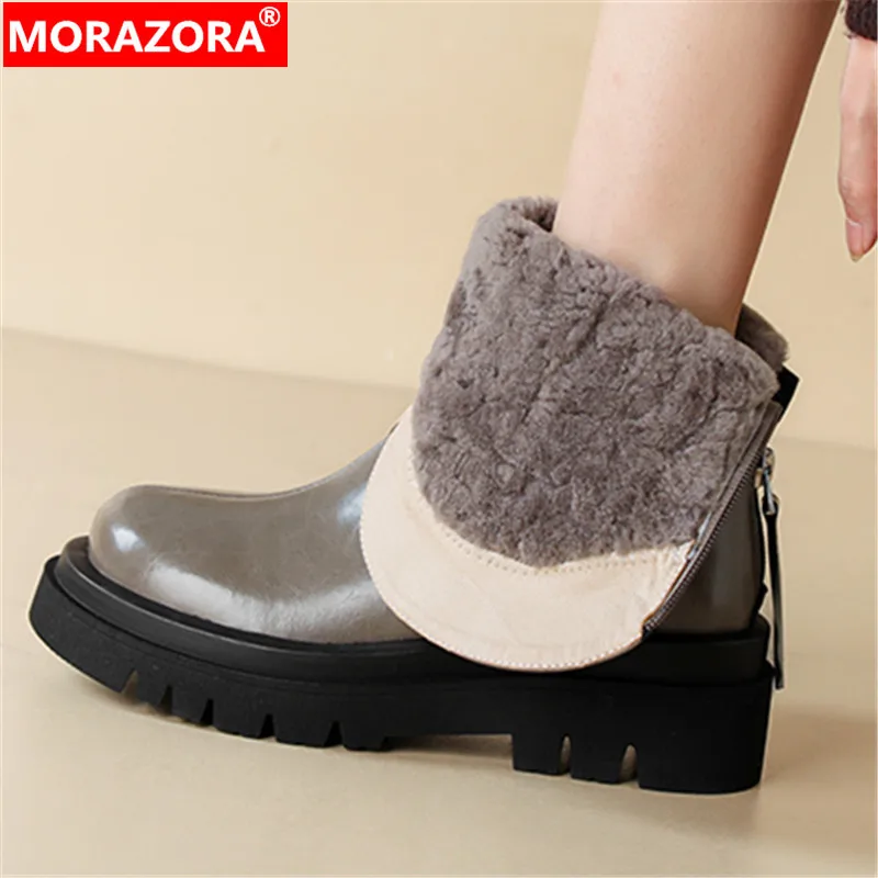 MORAZORA 2024 New Size 33-43 Nature Wool Snow Boots Woman Genuine Leather Winter Boots Ladies Ankle Boots Thick Med Heels Shoes