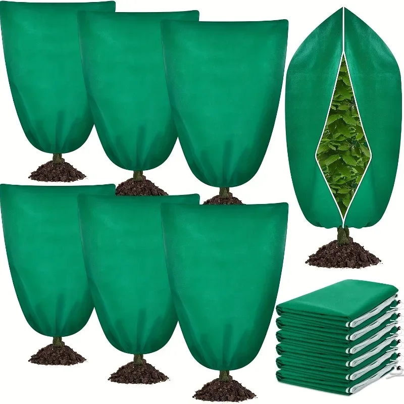6PCS Green Zipper Plant Frost Protection Cover Drawstring Design Outdoor Potted Shrub Cold Moisture Proof Bag