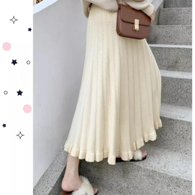 Korean Fashion Autumn Winter New Women's Solid Ruffles Pleated Elastic High Waist Elegant Chic Loog Thicken A-line Knitted Skirt