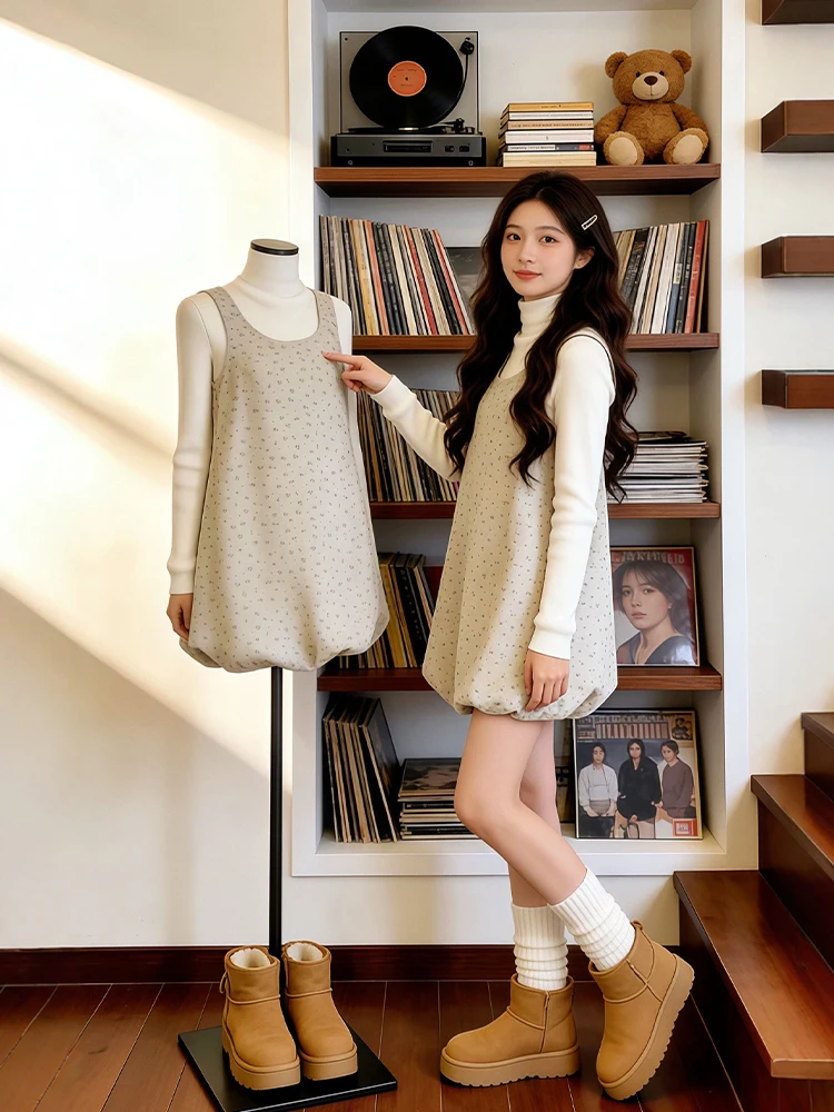 

Unique Beautiful Winter Faion plus Size Set Long Sve Base irt Layered Flower Bud Skirt Eye-ching Outfit Ensemble