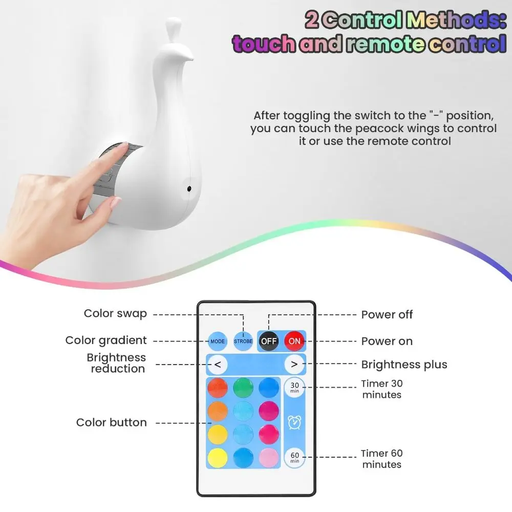 12 Colors Peacock Wall Lamp Atmosphere Touch Dimmable Wall Light Rechargeable Remote Control Projection Night Lights