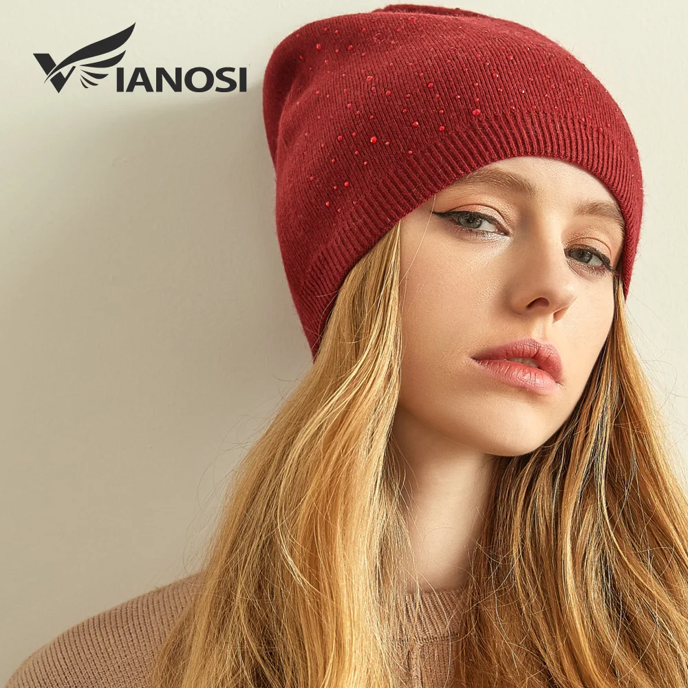 Fashion Solid Color Women\'s Knitted Hats Brand Designer Soft Warm Wool Bonnet Caps Lady Casual Diamonds Skullies Beanies