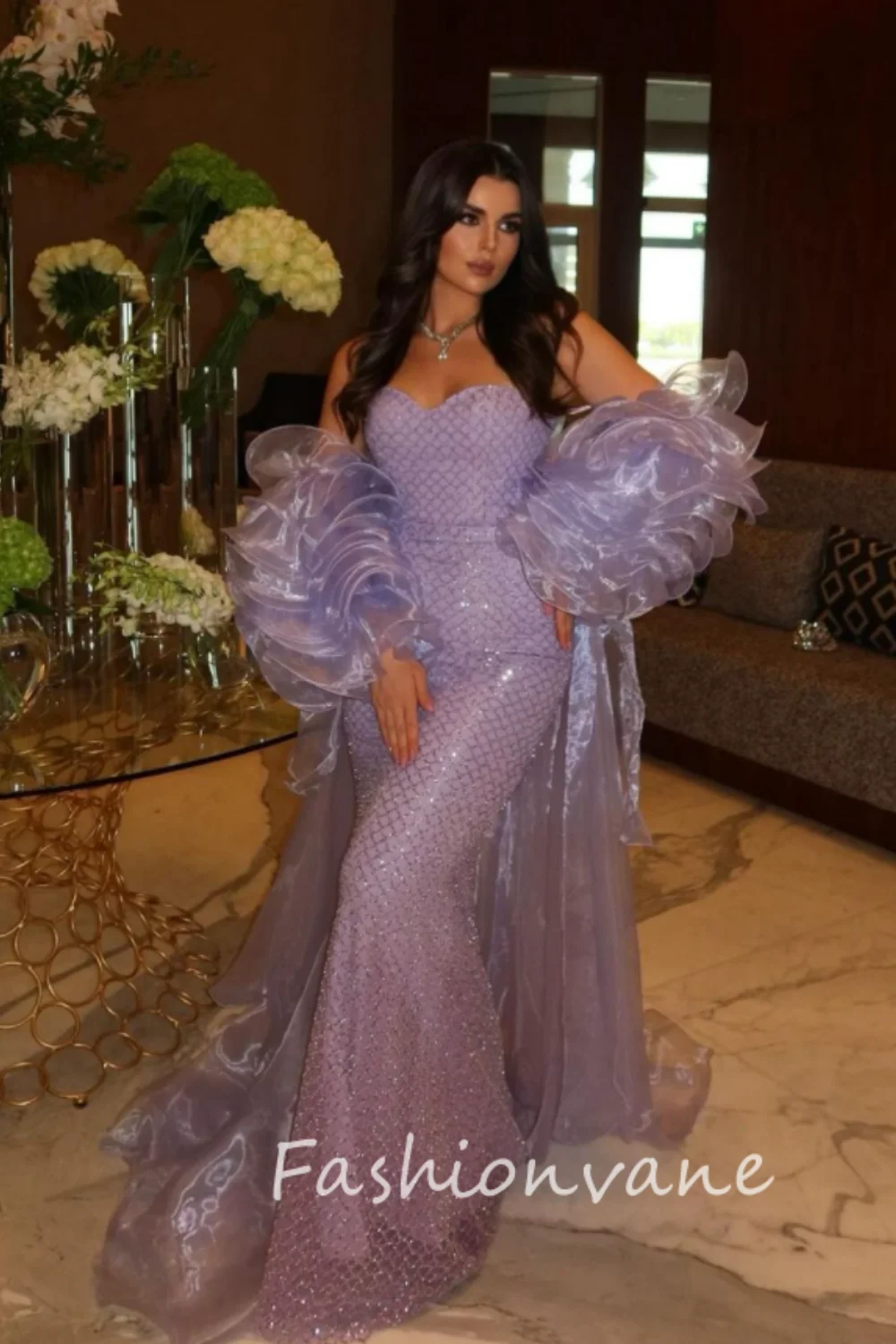 Fashionvane 2024 Customized Mermaid Off Shoulder Long Sleeves Feather Shawl Floor Length Formal Prom Dress Luxury Evening Party