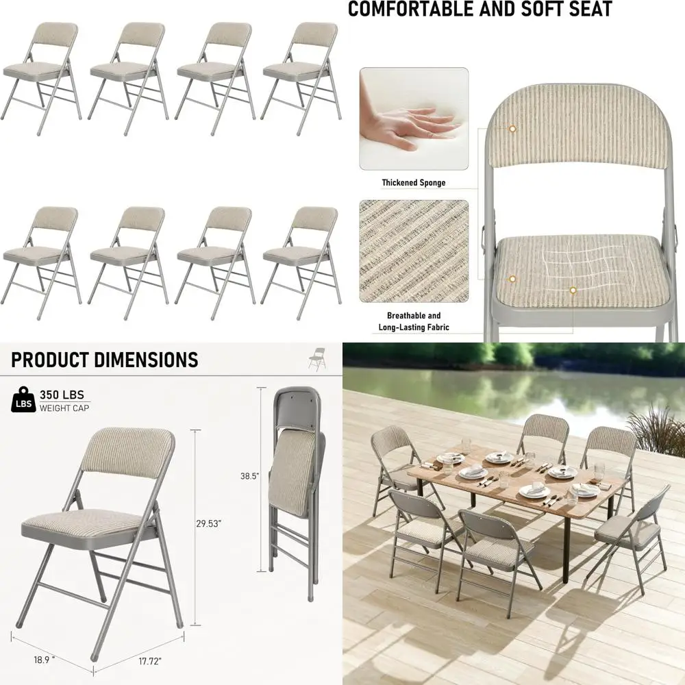 

Складные стулья с тканевой подушкой — 8 шт. серых штабелируемых обеденных стульев для внутреннего и наружного использования, портативных и удобных