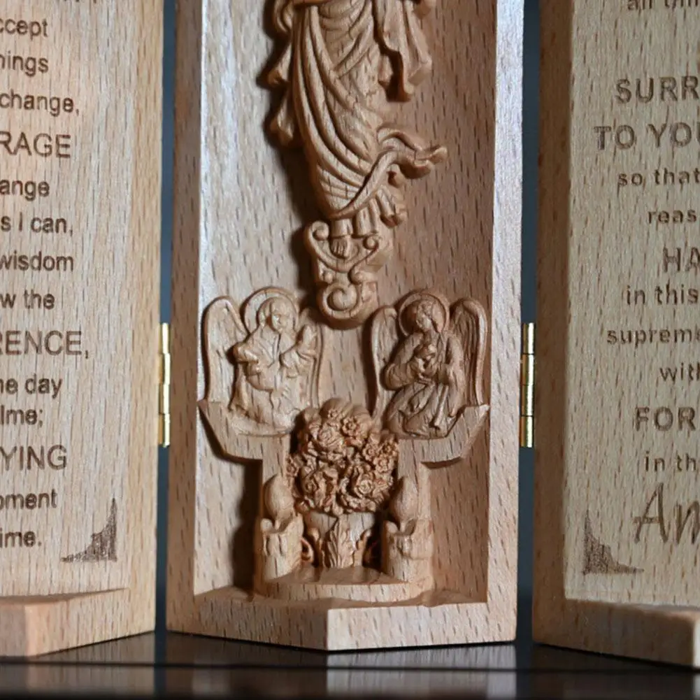 Wooden Bible Box with Christian Wooden Sculptures Figurines Portable  Religious Three-Sectional Cylinder Hand Carved Wood Box