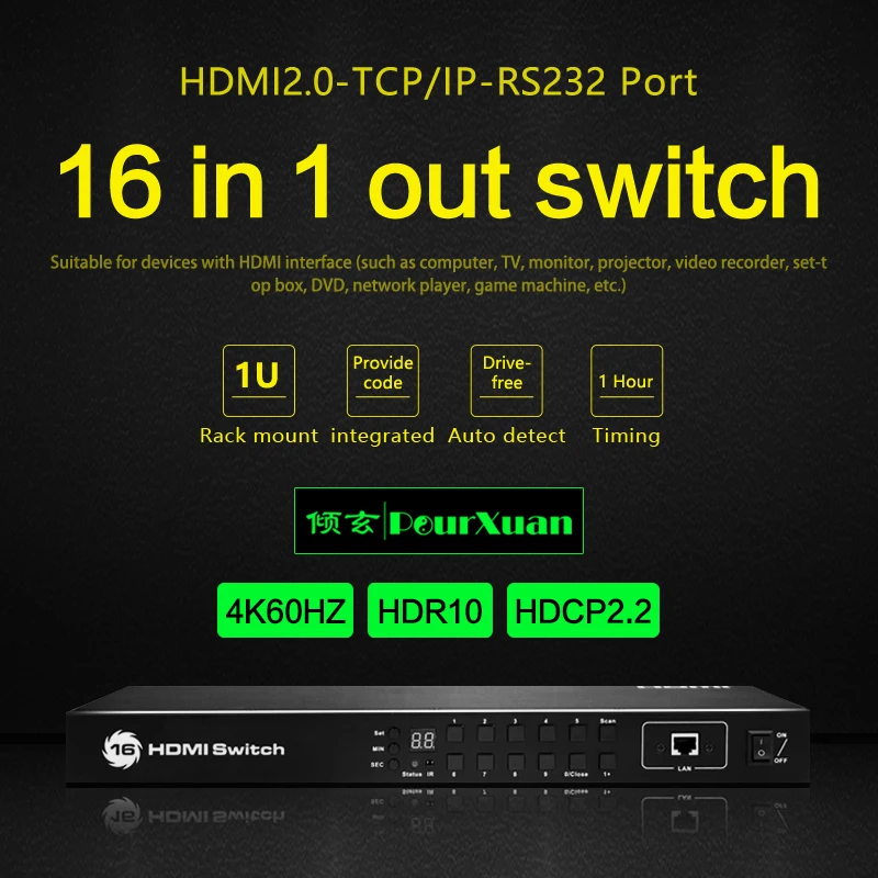 

hdmi 2.0 switch switcher with ir remote RJ45 TCP/IP RS232 control 4k video Timed loop automatic Switcher 16 in 1 out 1U rack