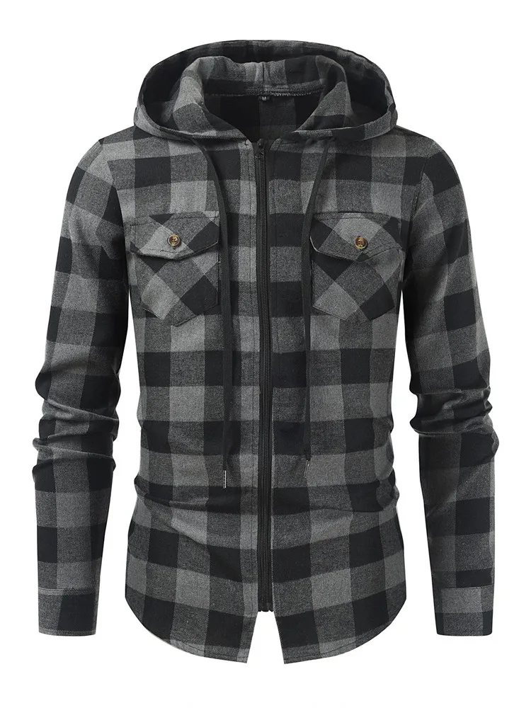 2024 Spring and Autumn Fashion Trend Plaid Hooded Shirt Men\'s Casual Relaxed Comfortable Sports Large Size Long-Sleeved Shirt