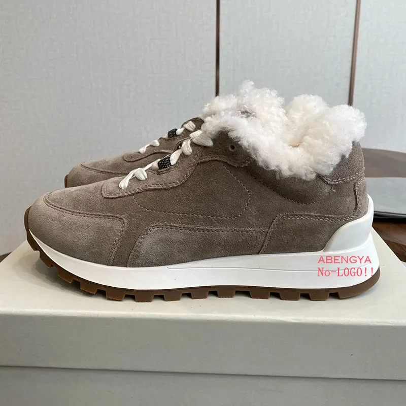 

2025 Designer New Suede Wool Flat Platform Shoes Woman Lace Up Winter Fur Shoes Leisure Warm Vacation Walking Shoes For Women