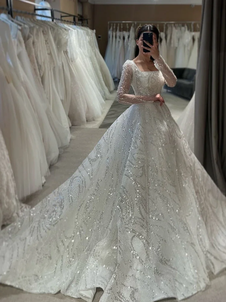 Flavinke personnalisé luxueux robes De mariée perles princesse robe De bal col carré manches longues bouton Vestido De Novia