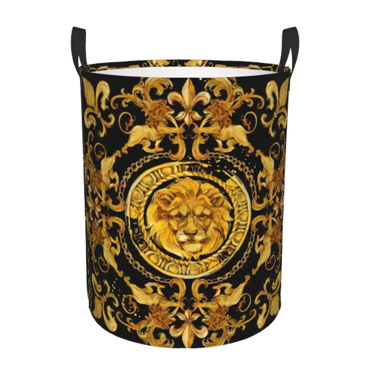 Custom Golden Lion And Damask Ornament Laundry Basket Collapsible Large Clothing Storage Bin Luxury Baroque Floral Baby Hamper