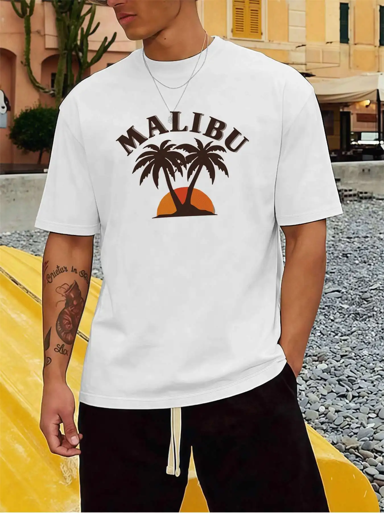 

Мужская футболка с рисунком пальмы Malibu, 220 г/м2, новая летняя повседневная футболка с круглым вырезом из чистого хлопка с короткими рукавами