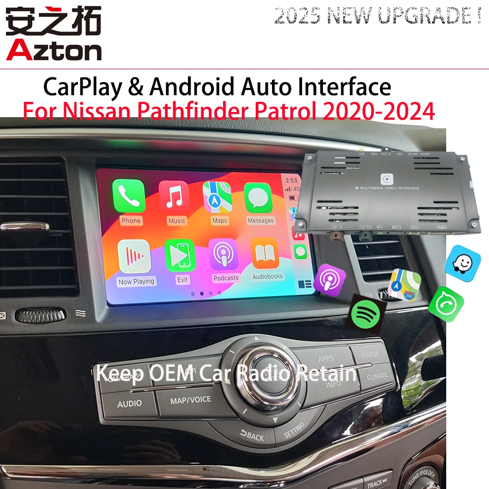 AZTON Car Bluetooth Music APP Navigation CarPlay & Android Auto Module for Nissan Pathfinder R52 Patrol Y62 Skyline 2020-2024