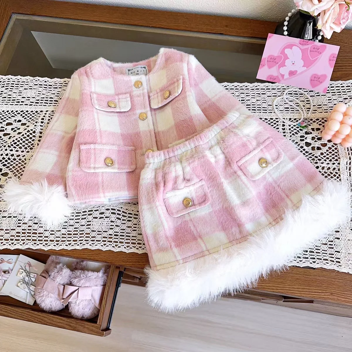 2024 Small Fragrance Girls\' Winter New Plaid Woolen Cotton Female Treasure Coat Skirt Two-piece Set Kids Outfits 90-140cm