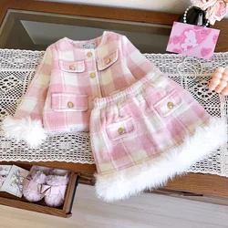 2024 Small Fragrance Girls' Winter New Plaid Woolen Cotton Female Treasure Coat Skirt Two-piece Set Kids Outfits 90-140cm