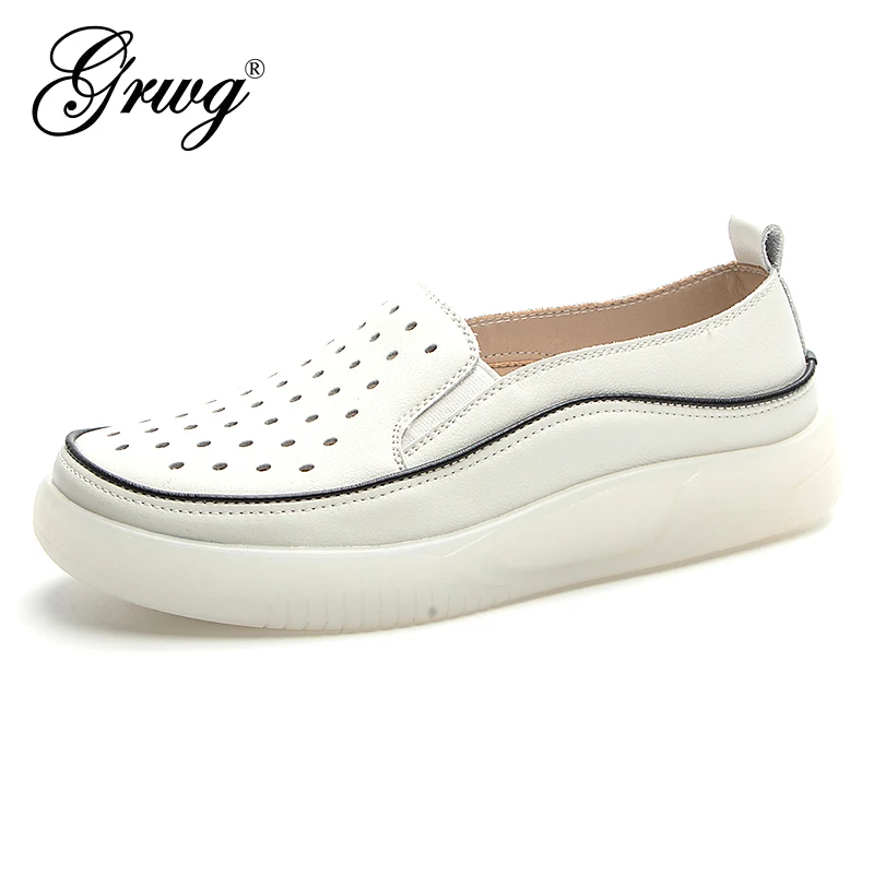 GRWG 2023 Shoes Women 100% Genuine Leather Women Flat Shoes Casual Loafers Slip On Summer Shoes Moccasins Ladies Mother Shoes