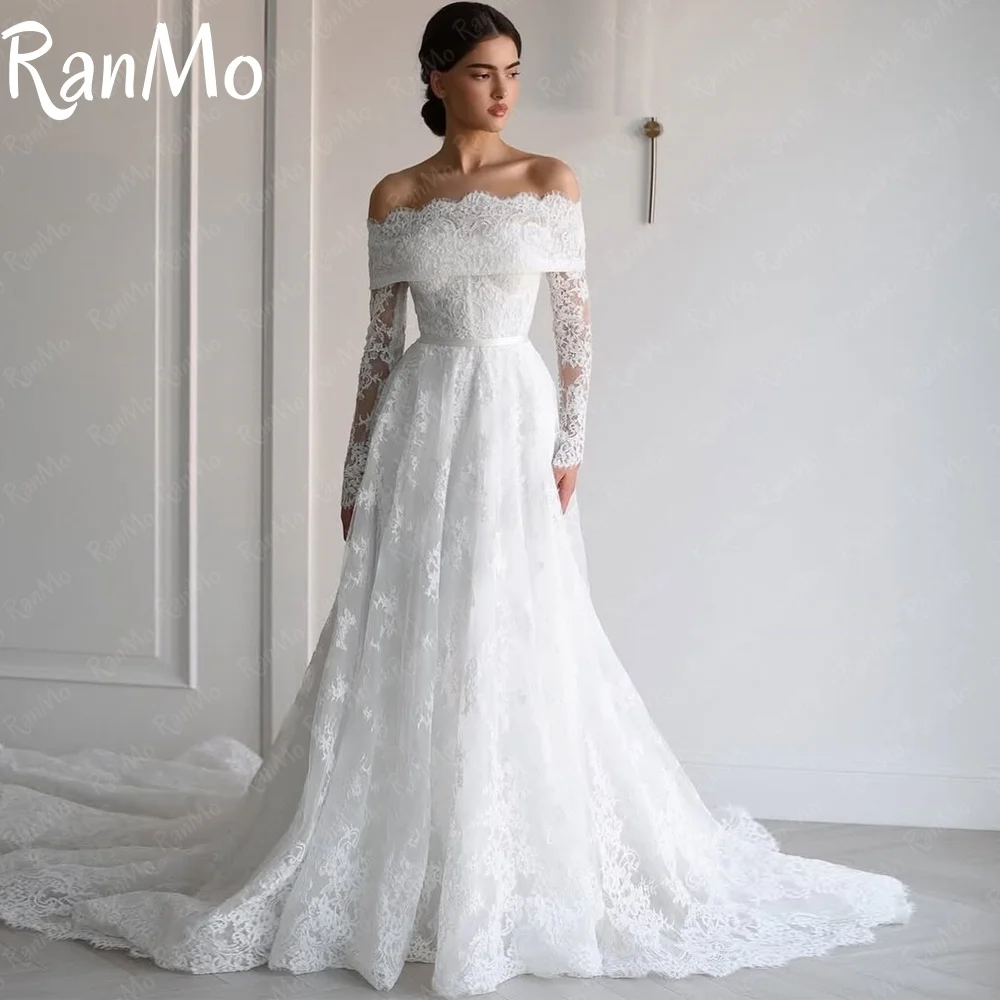 Ranmo Exquisite A-line Wedding Dress luxury Off Shoulder Bridal Gown Lace Long Sleeve Customized Vestidos De Novia Sweep Train