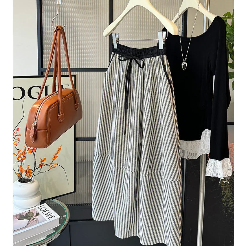 Japanese Vintage Harajuku Stripe Skirt Women Elastic High Waist A Line All-match Design Flower Bud Half-body Skirts Trendy New
