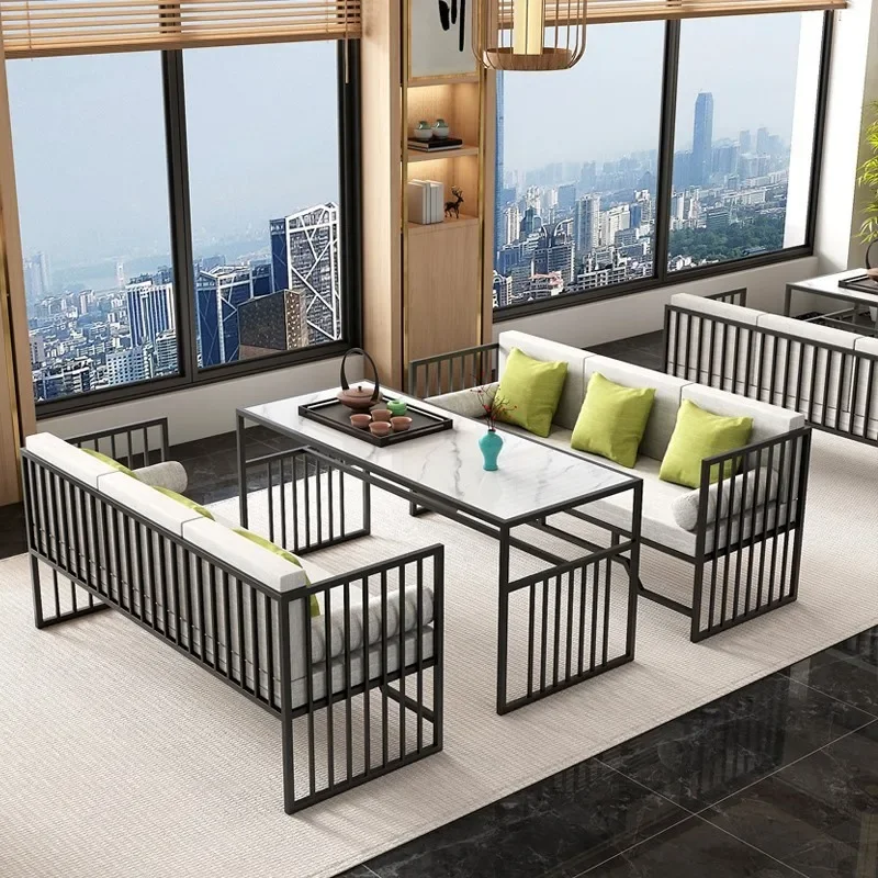 New Chinese booth restaurant B & B cafe Hotel lobby box wrought iron sofa table and chair combination