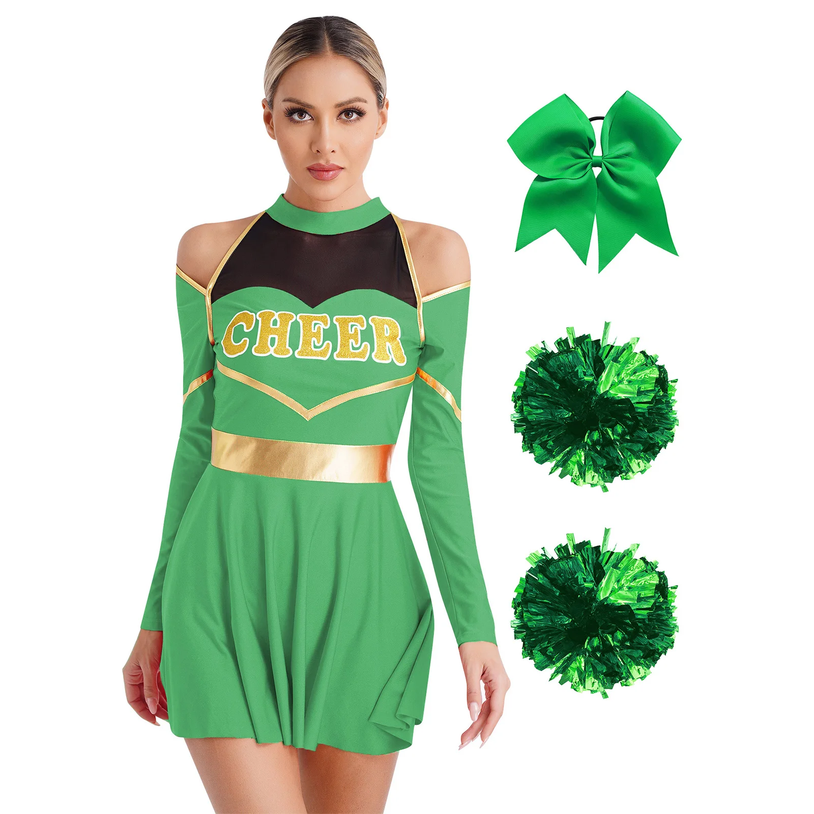 Cheerleading-Kostüm für Damen für Bühnenauftritte, Schulmädchen, Cheer-Kleid, Schleife, Haarband und 2-teilige Blumenbälle-Outfits – Detail 2