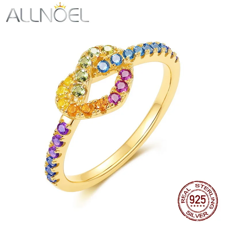 ALLONEL Real 925 Sterling Silver Heart Shape Rainbow Eternity Band Wedding Ring for Women 10k Gold Plated Fine Jewelry Gifts