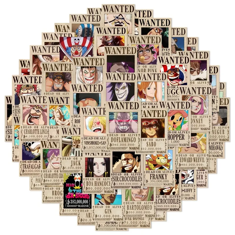 50 pegatinas de One Piece estilo cartel de recompensa, calcomanías geniales de graffiti para decoración DIY de teléfonos, maletas, portátiles, neveras y paredes, juguete.