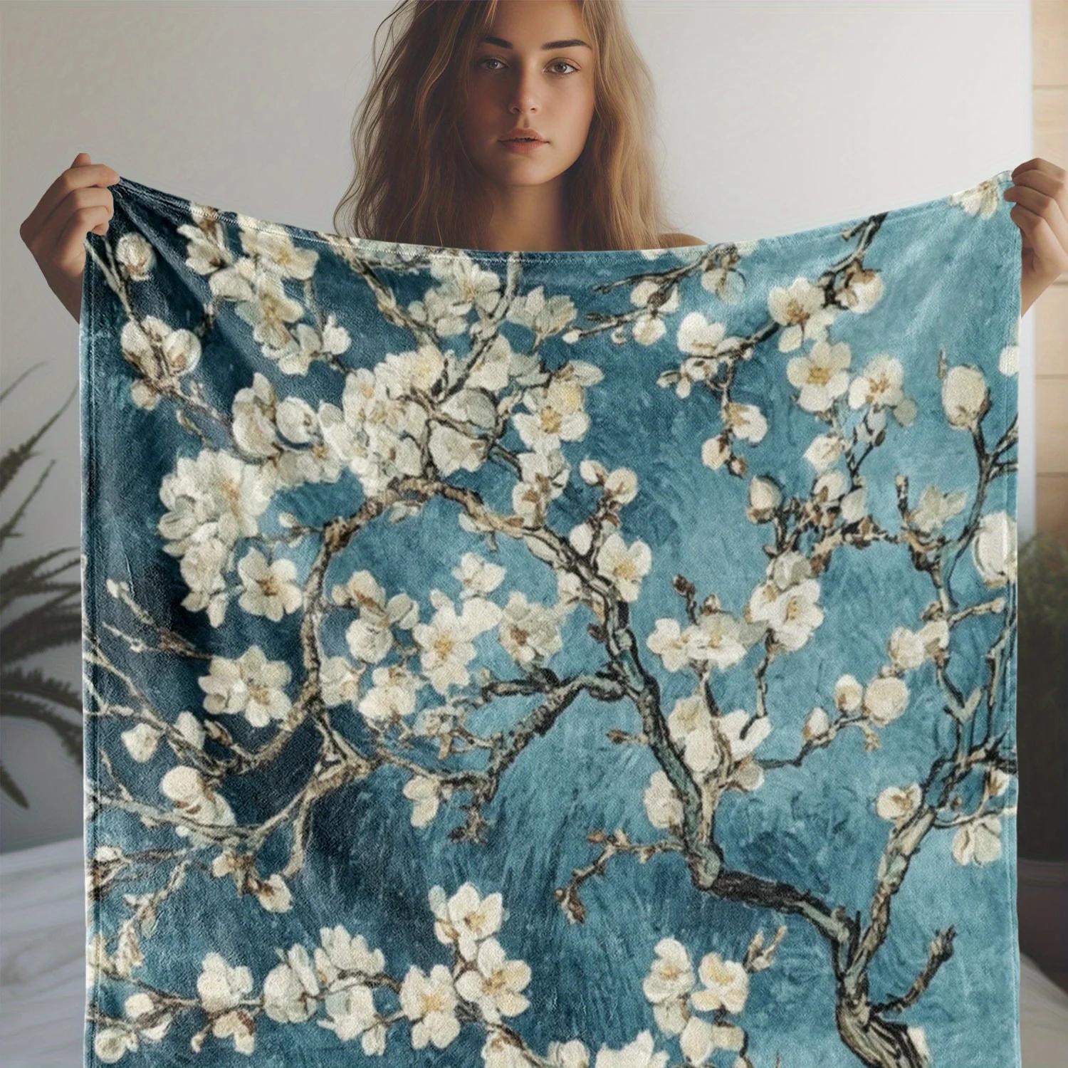 1pc Turquoise Blue & White Cherry Blossom Floral Print Flannel Blanket - Soft Plush All-Season Bedspread, Sofa Throw, Travel Com