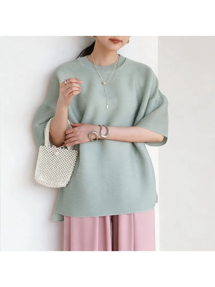Miyake High Quality 2026 Summer New Fold Shirt Large Loose Casual Versatile T-shirt Women's Korean Edition Fashion