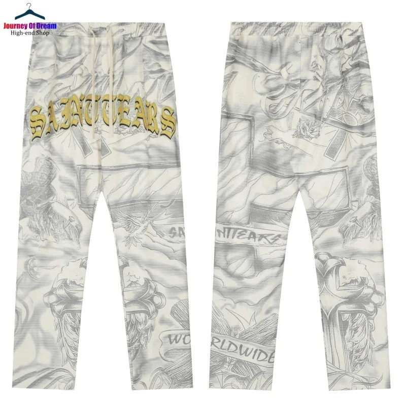 

Latest Saint Full Print Drawstring Sweatpants Wide-legged Pants Cotton Mens Womens Fashion Vintage Letters Casual Trousers