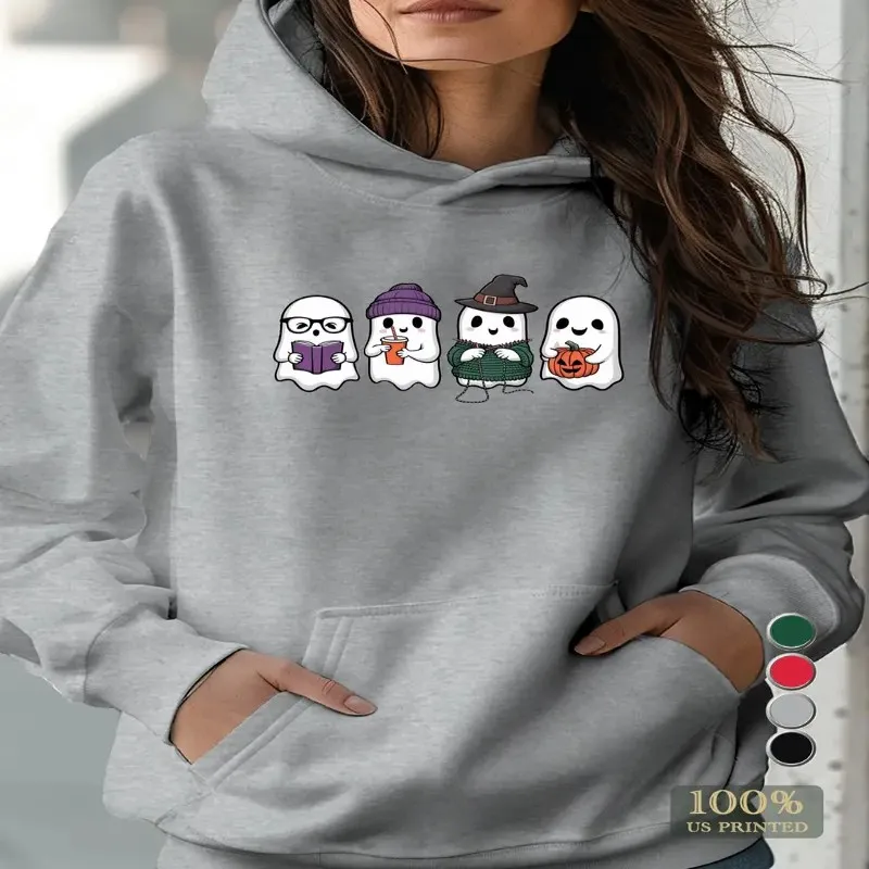 Winter Autumn Clothes Women Plus Size Sweatshirt Female Oversize Halloween Ghost Print Long Sleeve Round Neck Comfortable Top