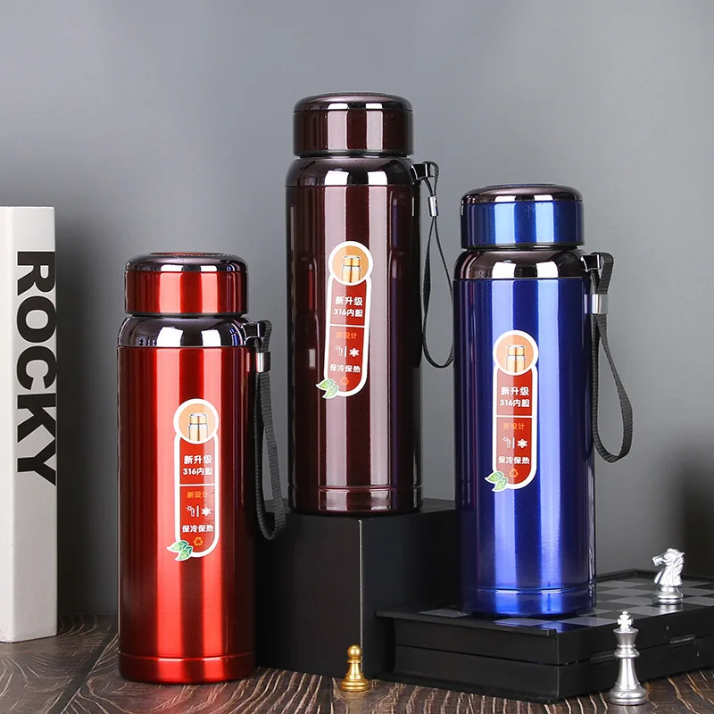 Botella de agua térmica de 800/1000ml, termo de vacío, doble taza aislante de acero inoxidable para café, té, a prueba de fugas para oficina